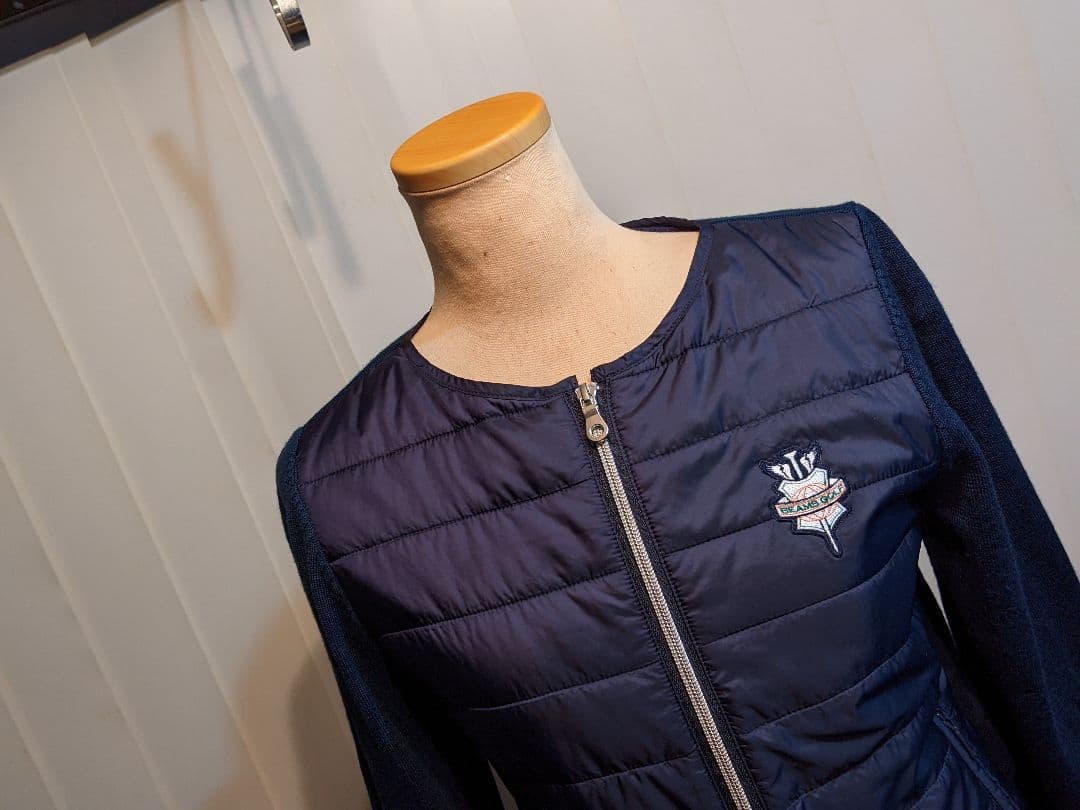 ビームス　ゴルフ ウェア　切替　異素材　中綿　ウール　ニット　ジャケット　紺 M