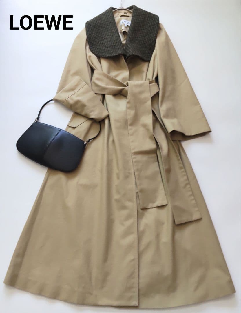 美品 ロエベ ツイードカラー 2way マキシ丈 トレンチコート ベルト付