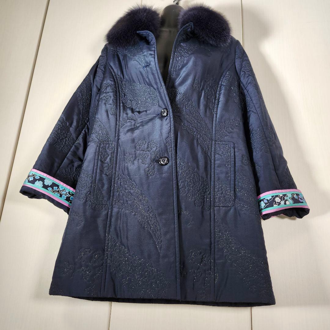 美品　レオナール 中綿　シルク100% ロングコート 襟 フォックスファー