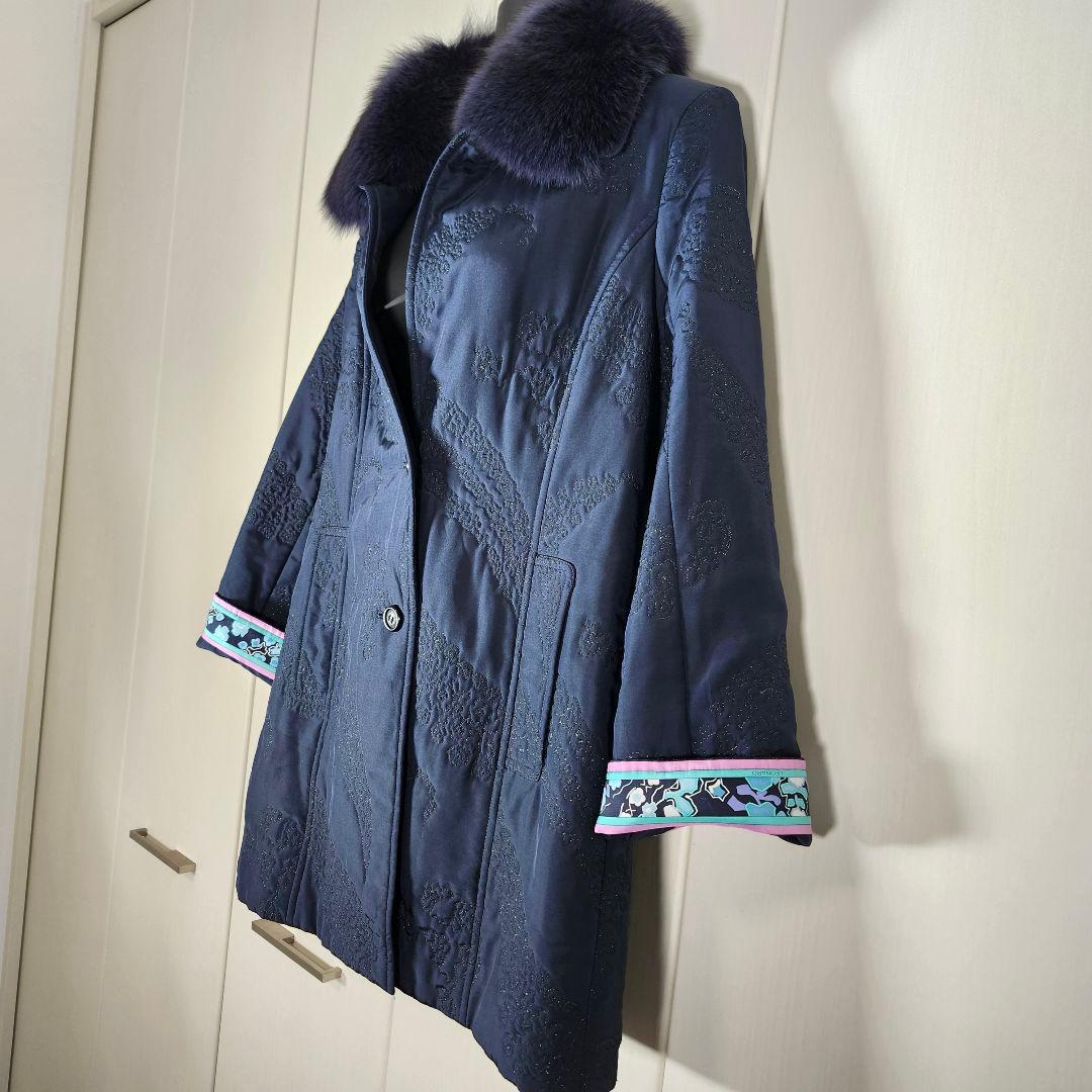 美品　レオナール 中綿　シルク100% ロングコート 襟 フォックスファー