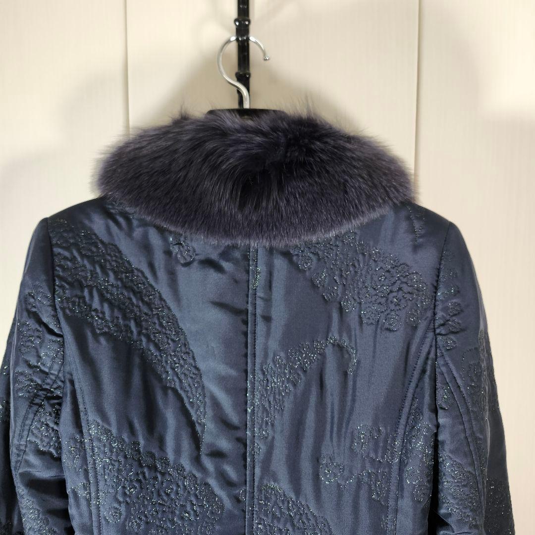 美品　レオナール 中綿　シルク100% ロングコート 襟 フォックスファー