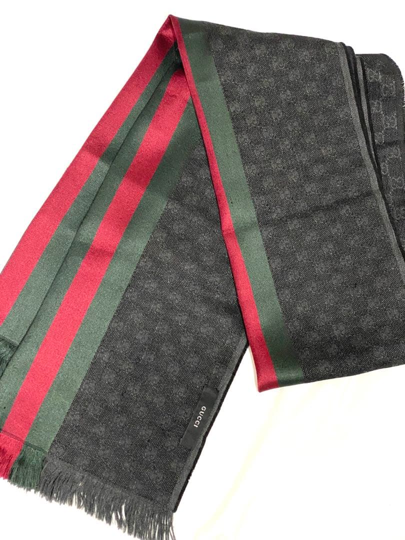 【王道】GUCCI GGパターン シルク混マフラー シェリーライン 黒 緑 赤