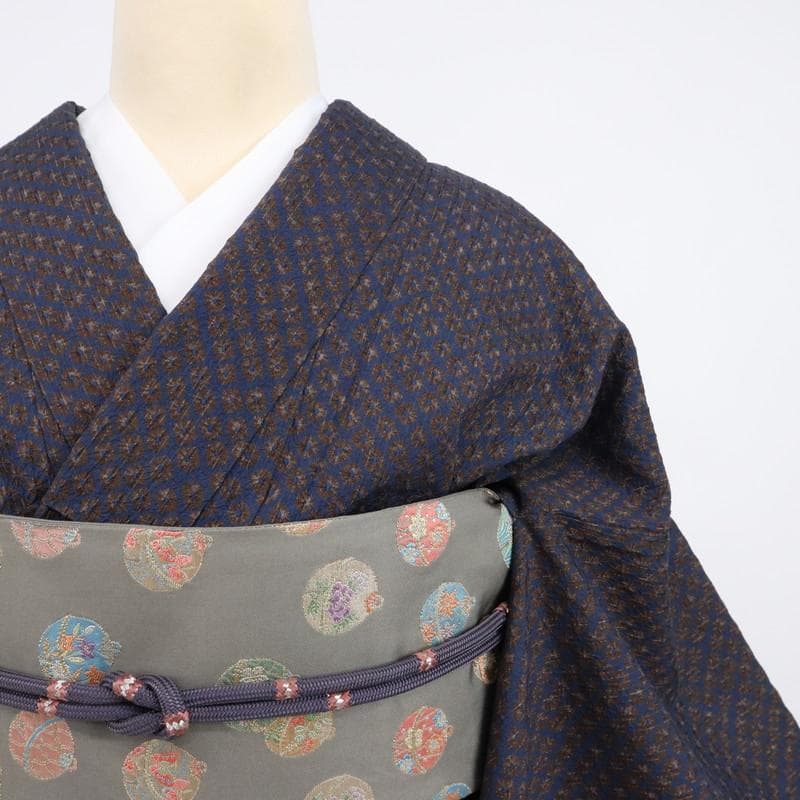 トールサイズ ワイド 総絞り＊小紋 袷着物 長尺 鹿の子絞り 紺 正絹＊2KC5