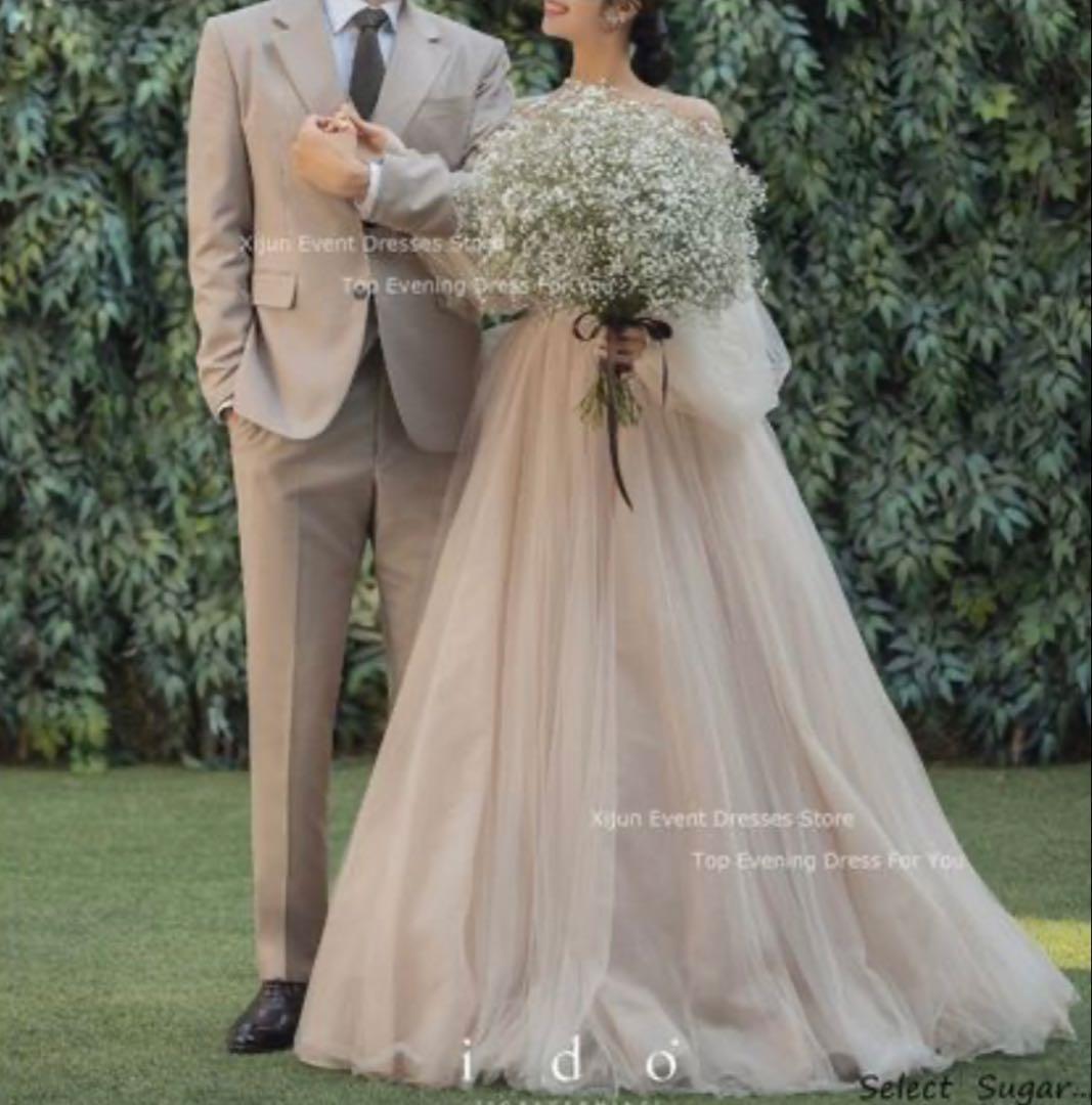 アイボリー ストラップレス Aライン ウェディングドレス