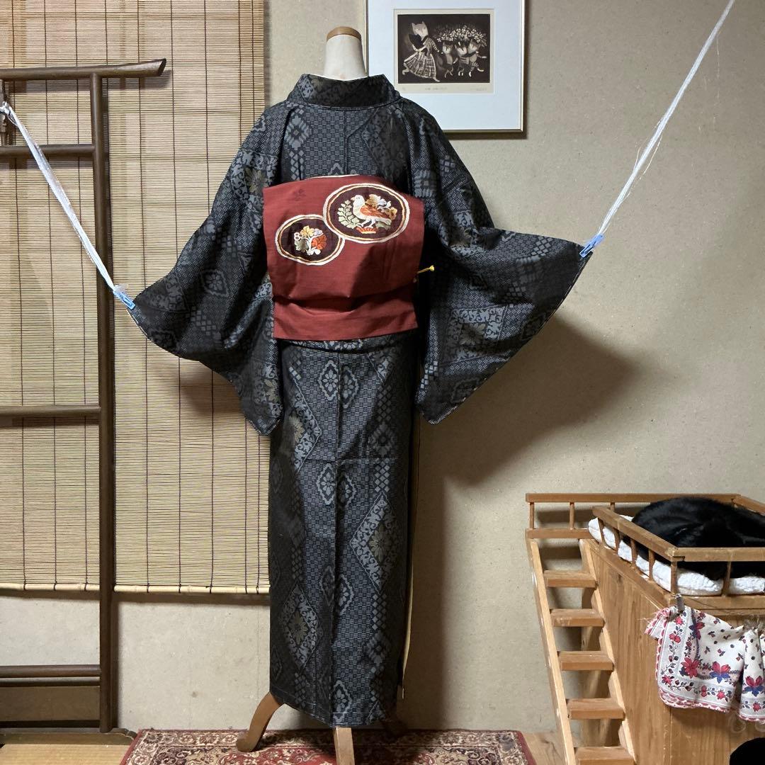 たぶん大島紬　紬　袷　広衿　グレー　絹　163 65