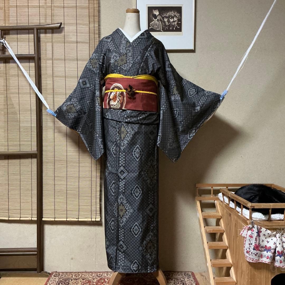 たぶん大島紬　紬　袷　広衿　グレー　絹　163 65