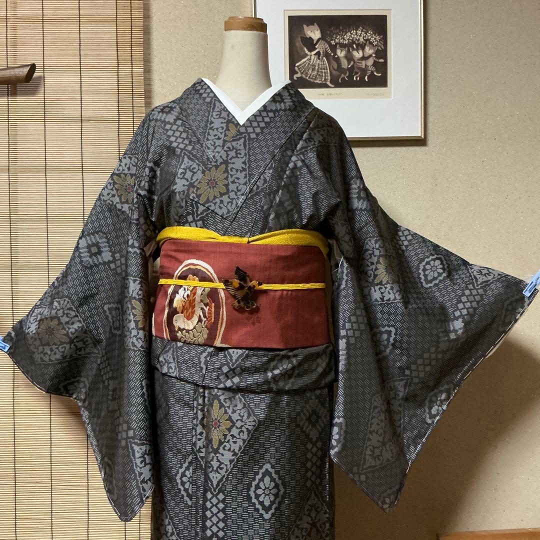 たぶん大島紬　紬　袷　広衿　グレー　絹　163 65