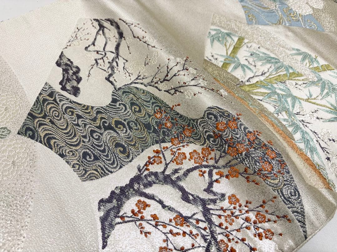 A 菊 竹 笹 梅 流水 金銀糸 正絹 六通 袋帯 フォーマル O13