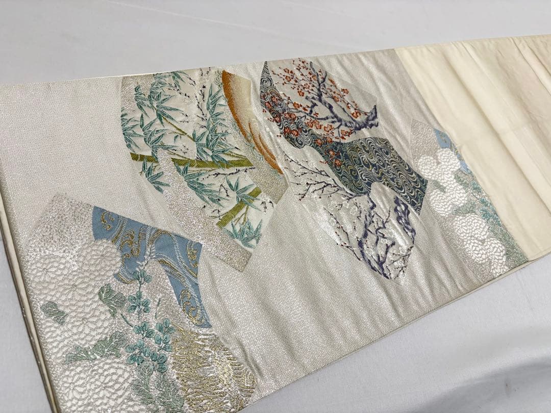 A 菊 竹 笹 梅 流水 金銀糸 正絹 六通 袋帯 フォーマル O13