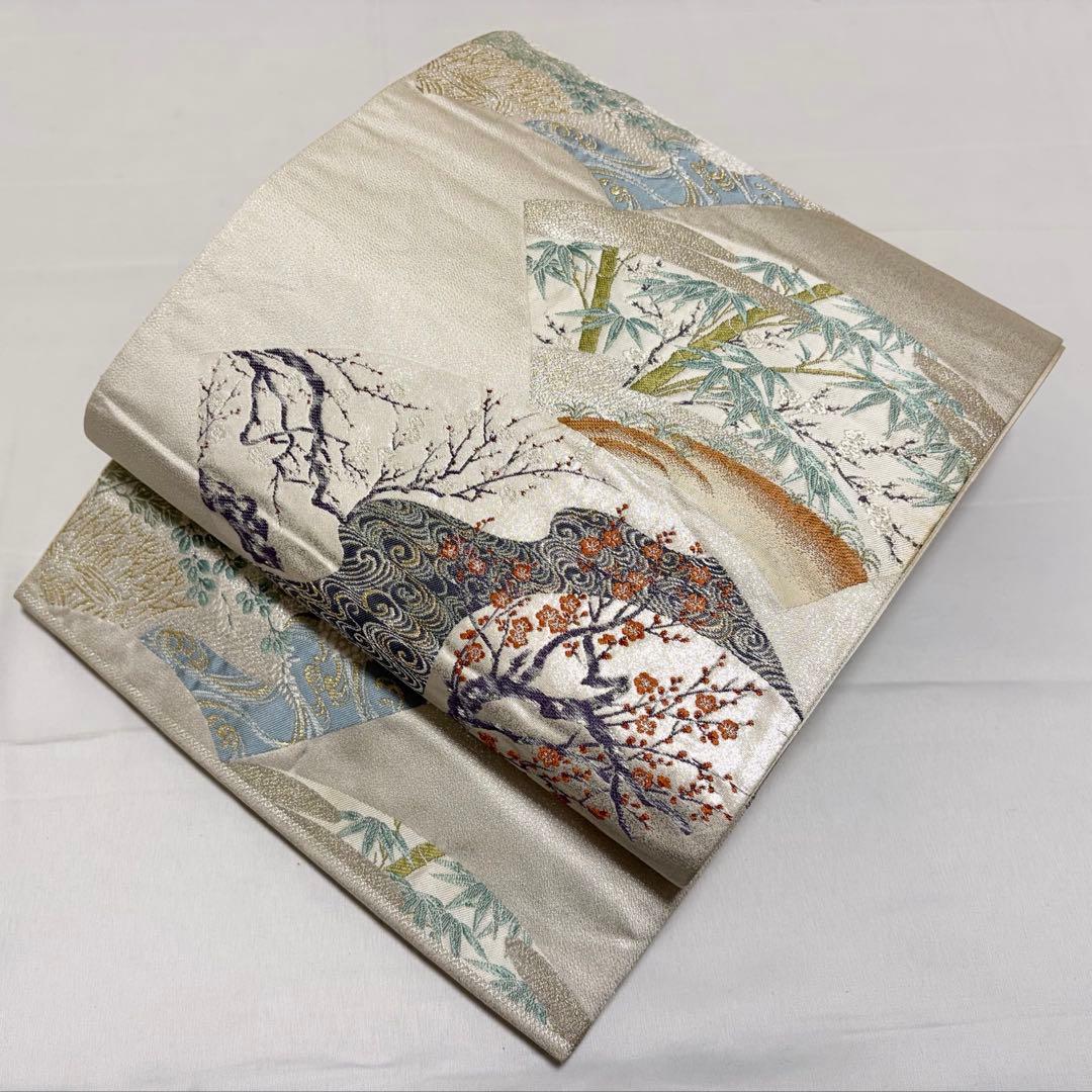 A 菊 竹 笹 梅 流水 金銀糸 正絹 六通 袋帯 フォーマル O13