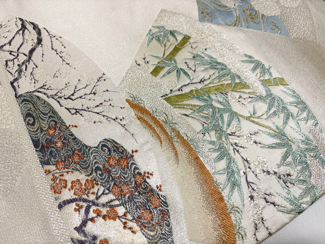 A 菊 竹 笹 梅 流水 金銀糸 正絹 六通 袋帯 フォーマル O13