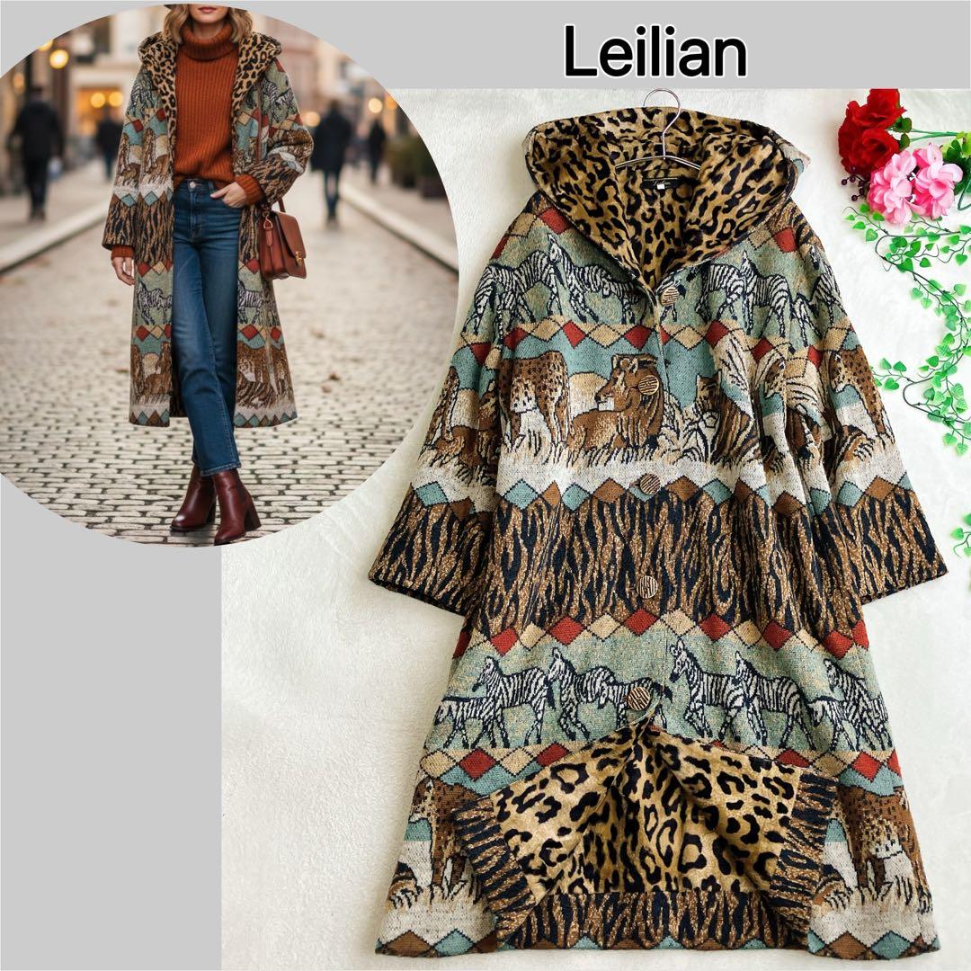 大きいサイズ/レリアン★ビッグシルエット アニマル 総柄 フーデッドロングコート