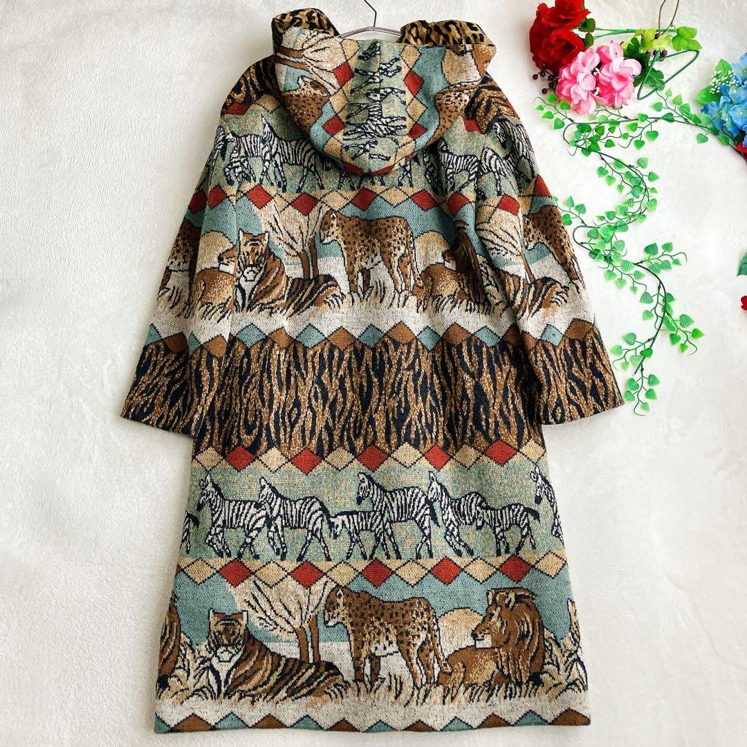 大きいサイズ/レリアン★ビッグシルエット アニマル 総柄 フーデッドロングコート