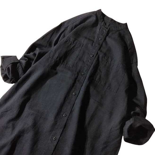 アンタイトル シャツワンピース ロング ネイビー 無地 L 長袖 バンドカラー