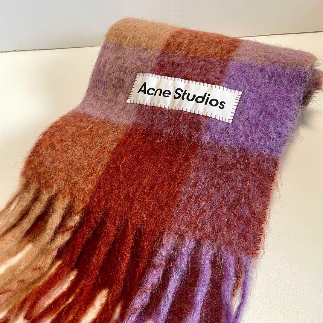 極美品【アクネストゥディオス】マフラー ストール チェック ロゴ 肉厚