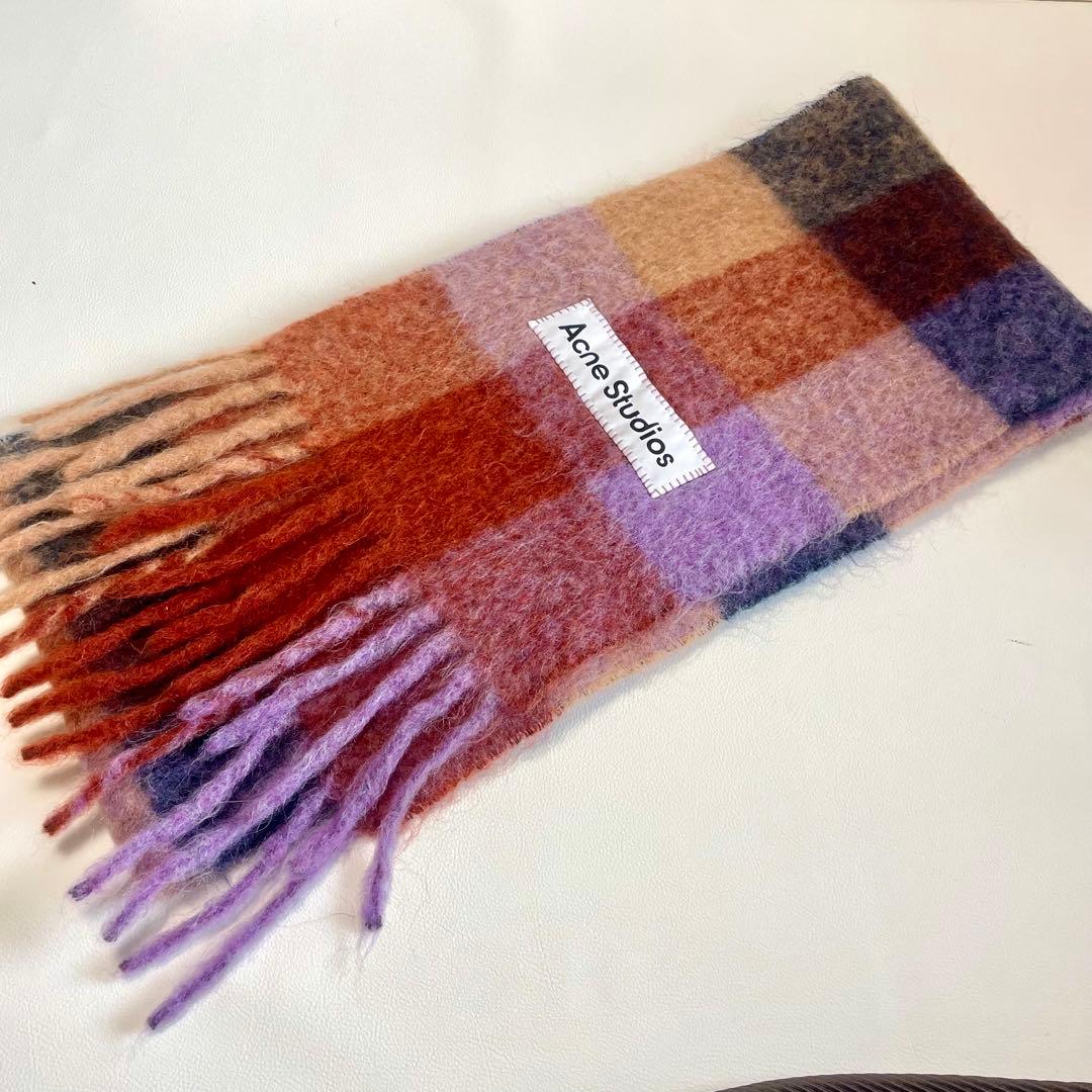 極美品【アクネストゥディオス】マフラー ストール チェック ロゴ 肉厚