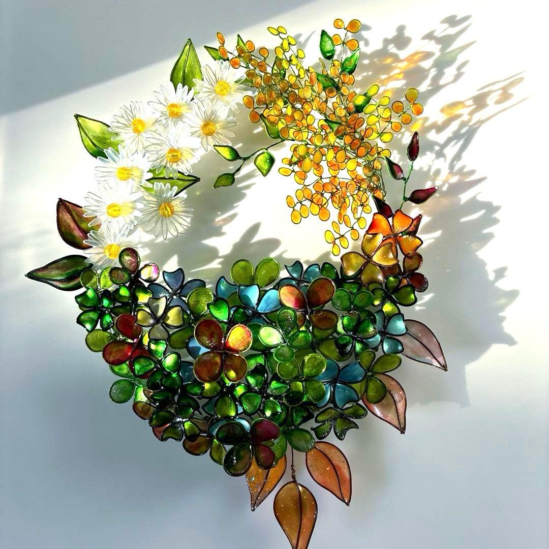 一点物　大きな春いっぱいリース　ワイヤークラフト　ディップアート　壁飾り　アート