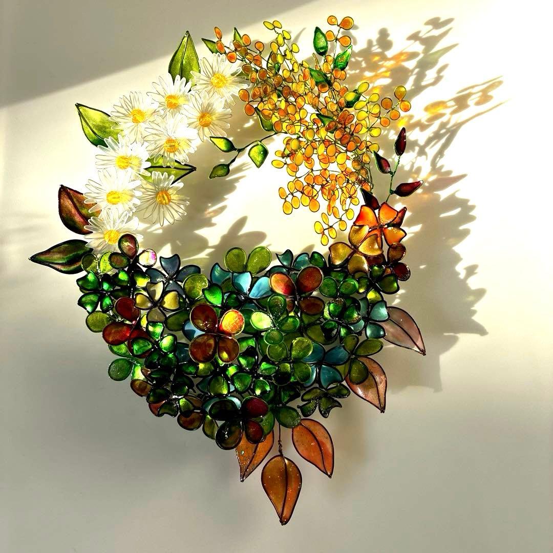 一点物　大きな春いっぱいリース　ワイヤークラフト　ディップアート　壁飾り　アート