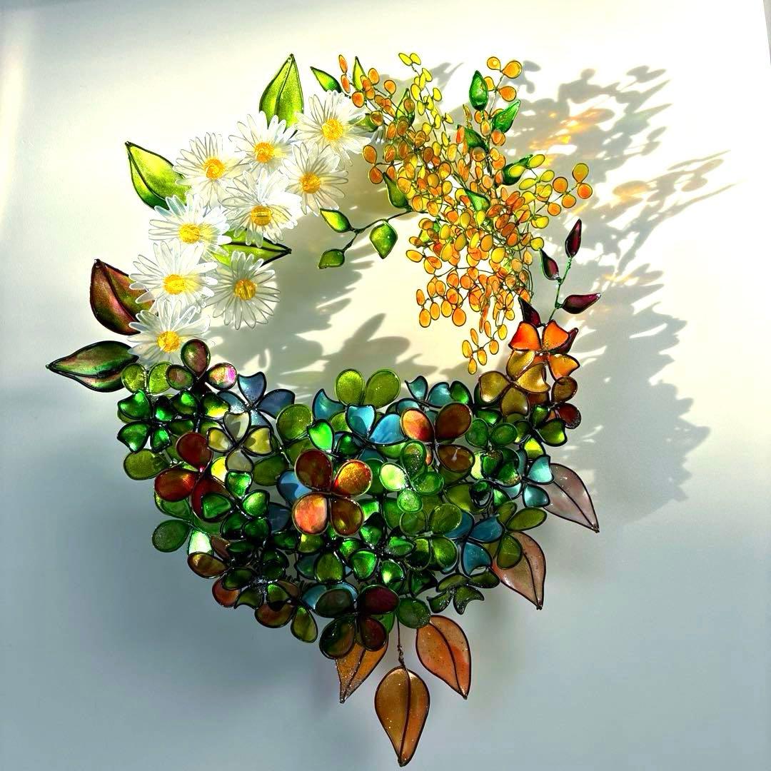 一点物　大きな春いっぱいリース　ワイヤークラフト　ディップアート　壁飾り　アート
