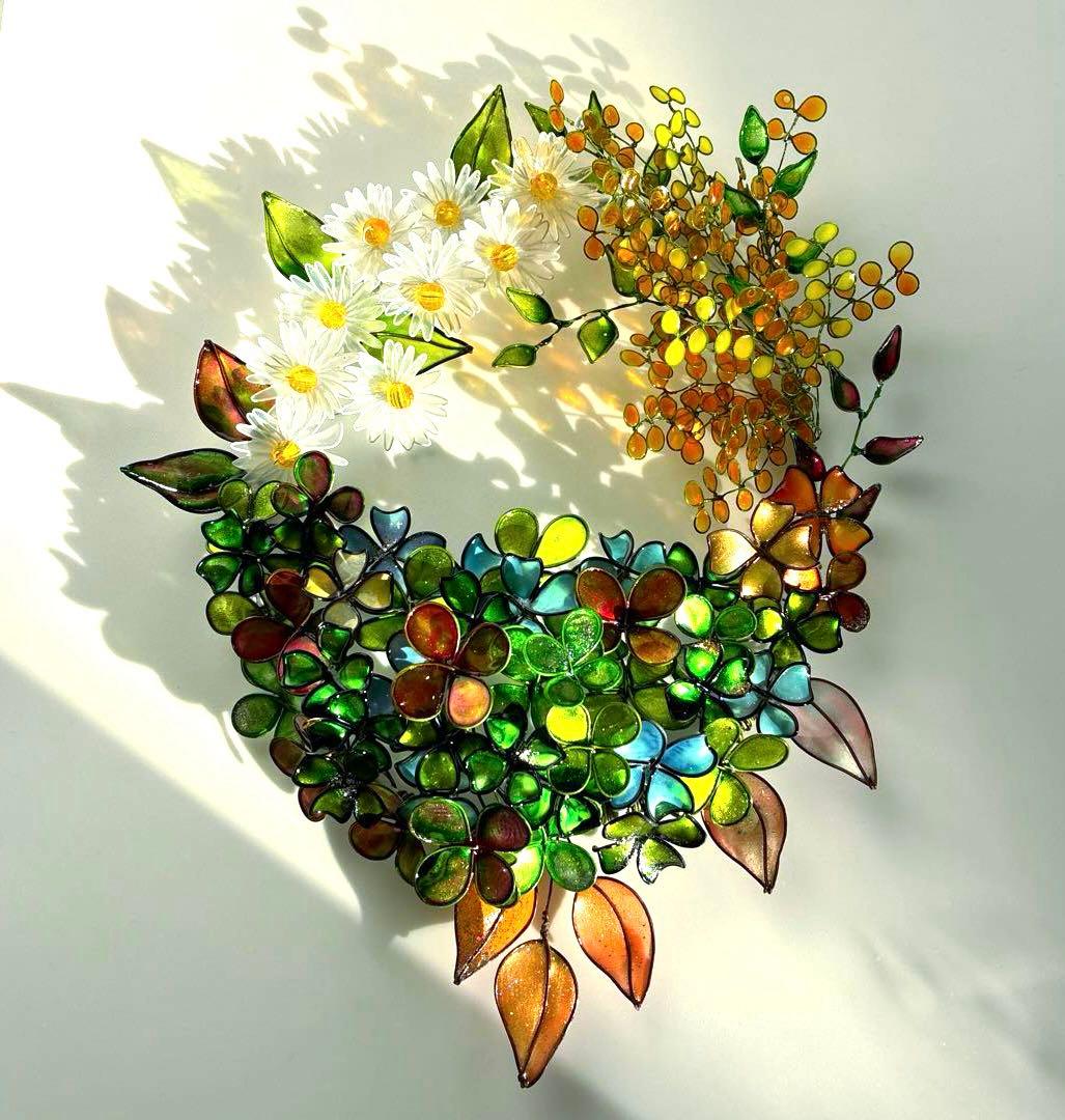 一点物　大きな春いっぱいリース　ワイヤークラフト　ディップアート　壁飾り　アート