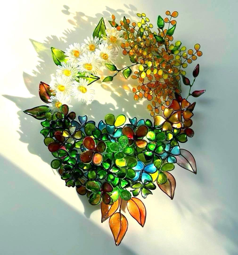 一点物　大きな春いっぱいリース　ワイヤークラフト　ディップアート　壁飾り　アート