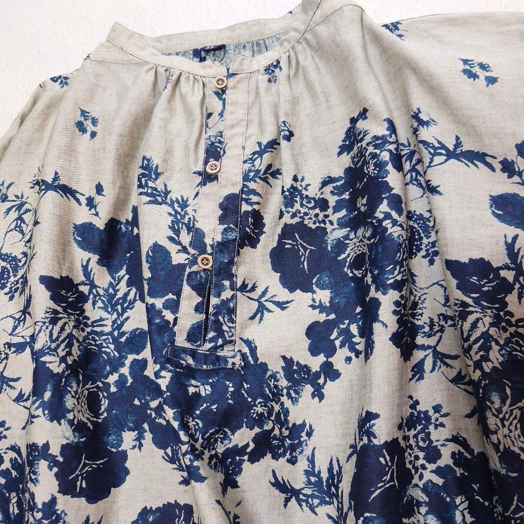 試着のみ45R インディゴ抜染ローズプリントのスモックドレス 45rpm