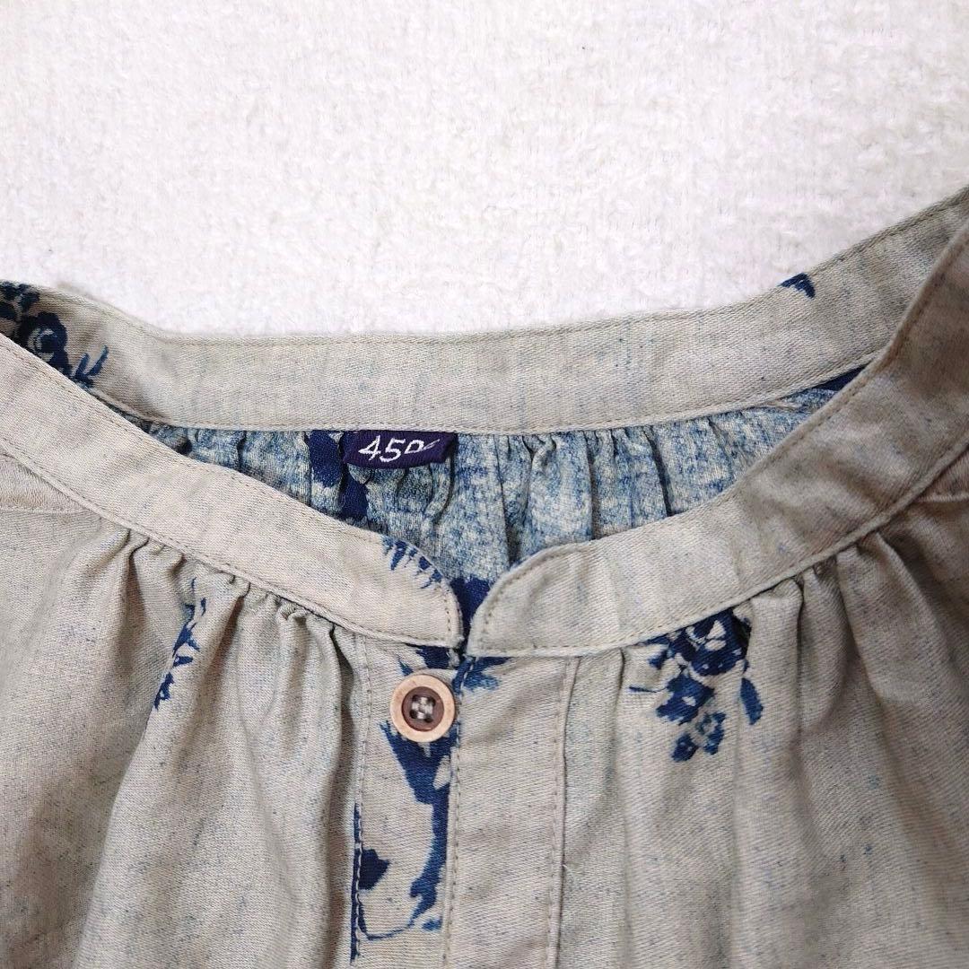 試着のみ45R インディゴ抜染ローズプリントのスモックドレス 45rpm