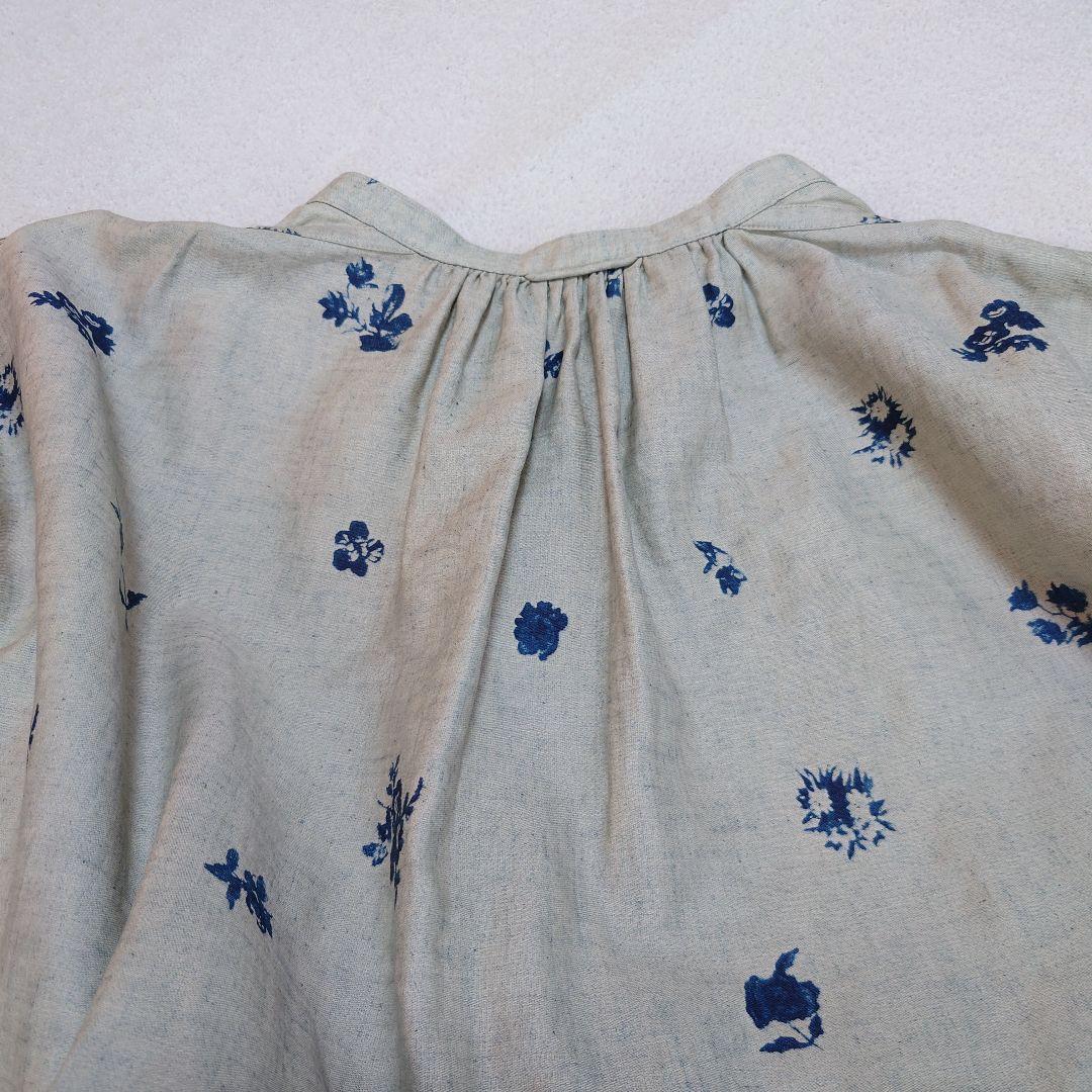 試着のみ45R インディゴ抜染ローズプリントのスモックドレス 45rpm