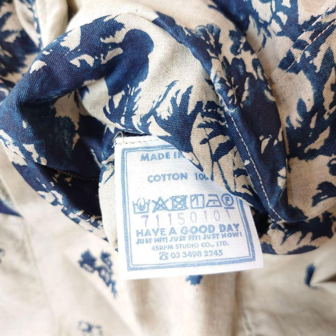 試着のみ45R インディゴ抜染ローズプリントのスモックドレス 45rpm