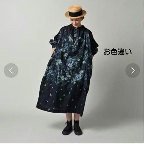 試着のみ45R インディゴ抜染ローズプリントのスモックドレス 45rpm