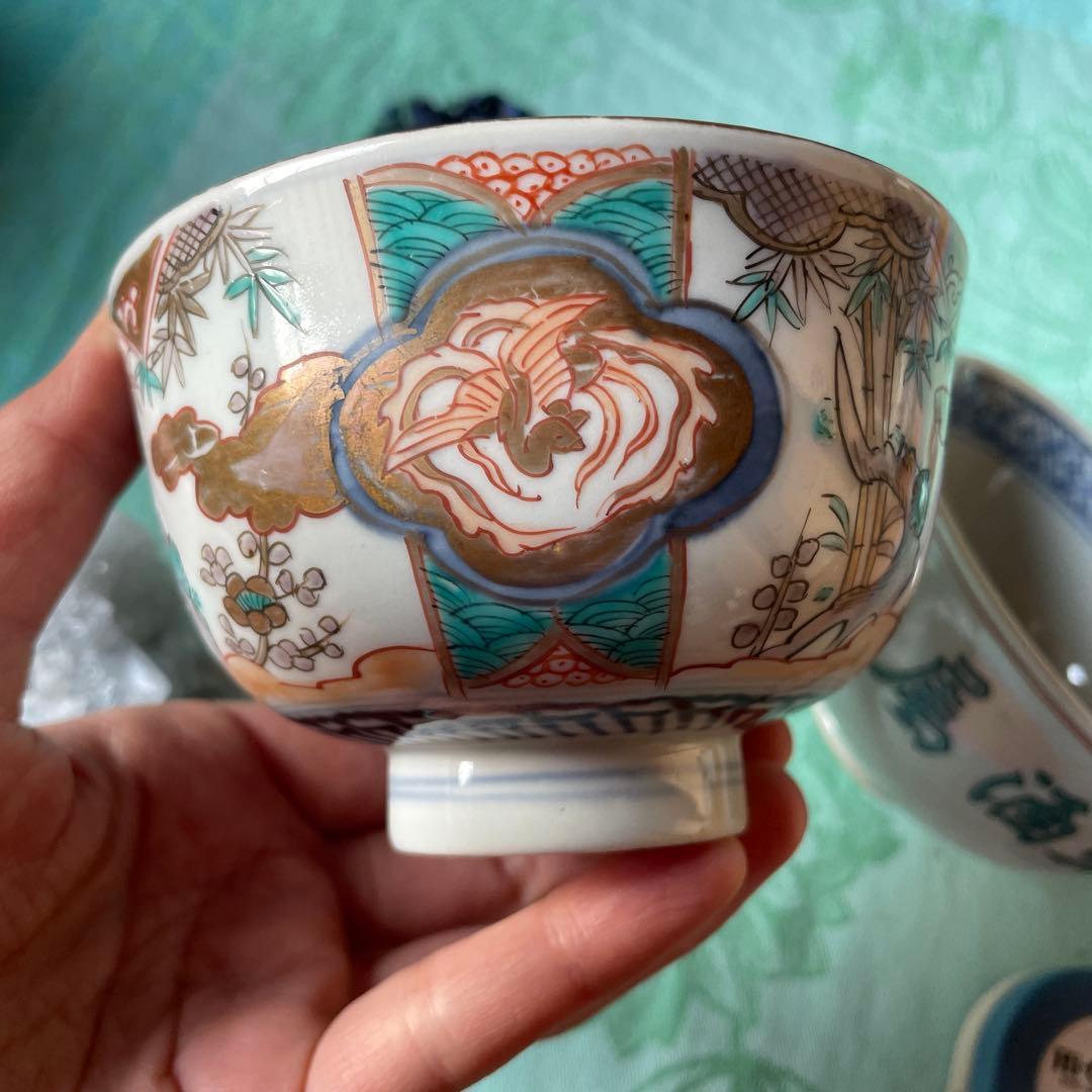 古伊万里　染付　鳳凰　龍　牡丹唐草　ご飯茶碗　4客