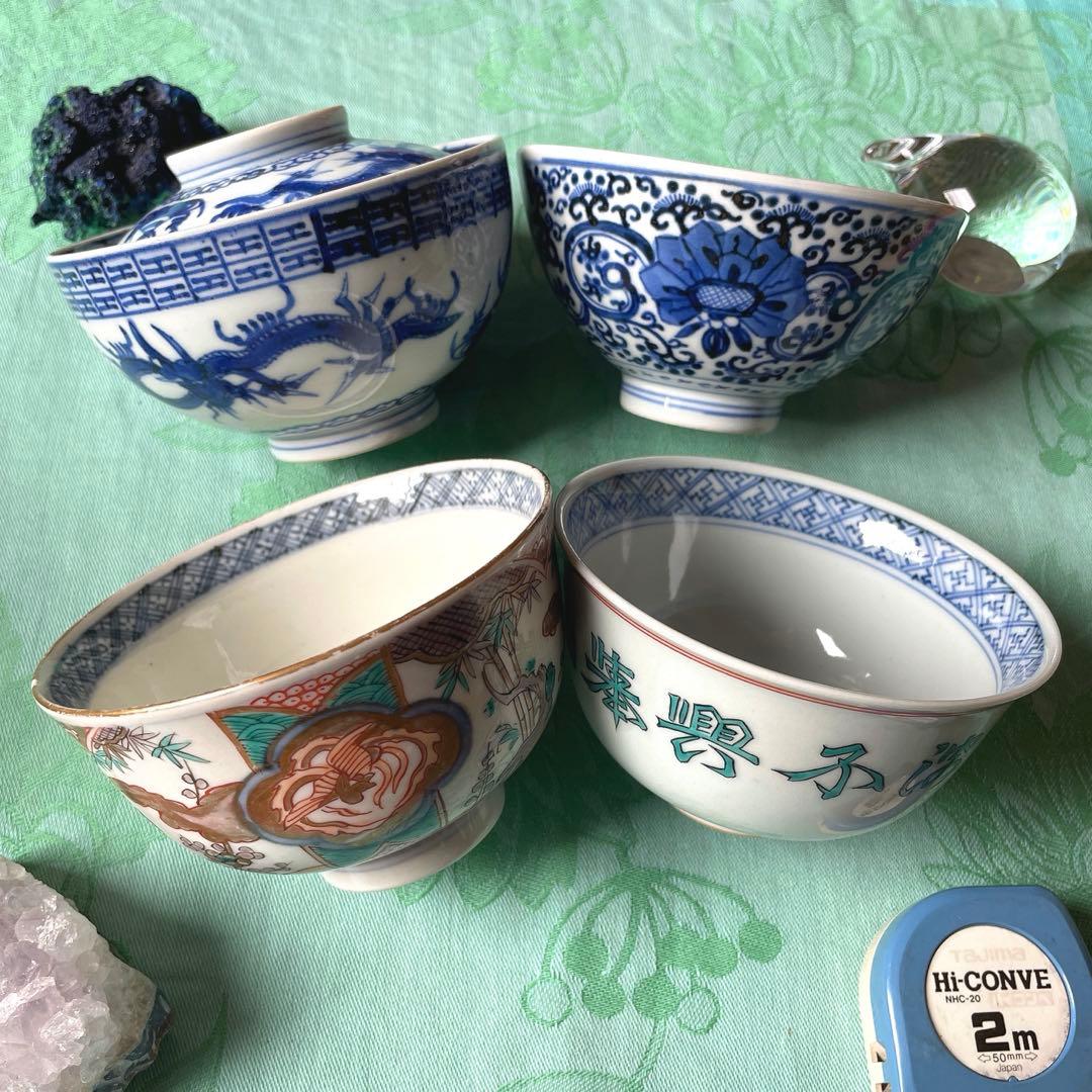 古伊万里　染付　鳳凰　龍　牡丹唐草　ご飯茶碗　4客