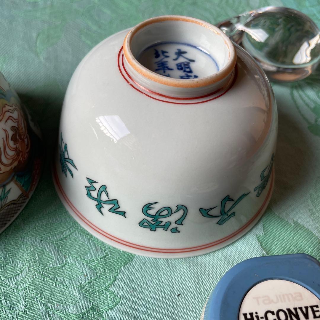 古伊万里　染付　鳳凰　龍　牡丹唐草　ご飯茶碗　4客