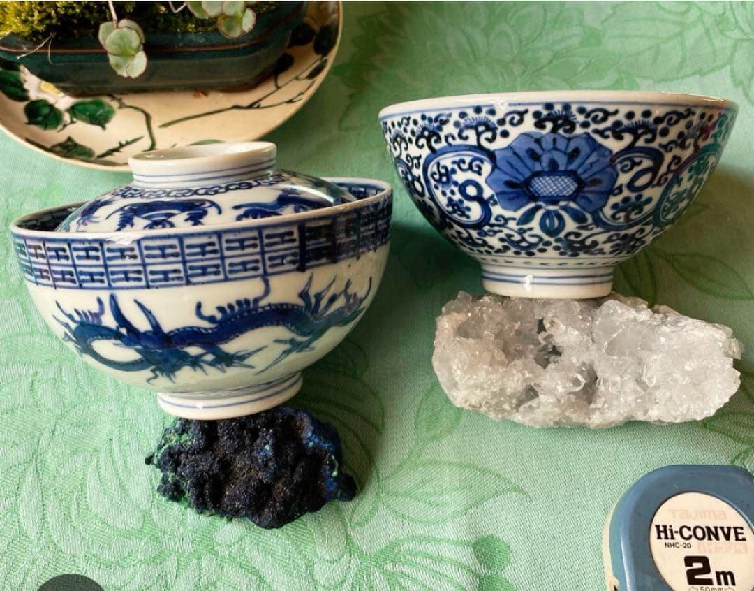 古伊万里　染付　鳳凰　龍　牡丹唐草　ご飯茶碗　4客