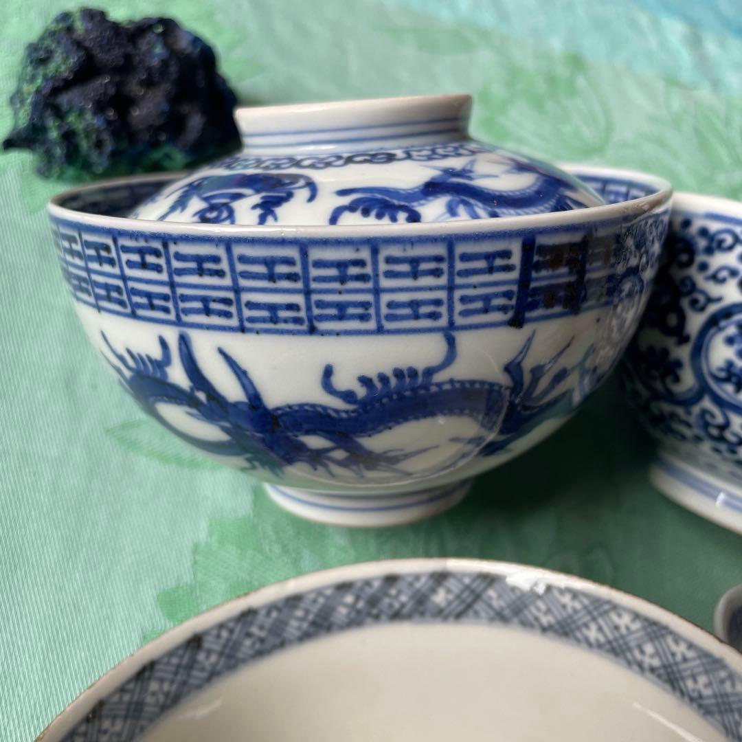 古伊万里　染付　鳳凰　龍　牡丹唐草　ご飯茶碗　4客