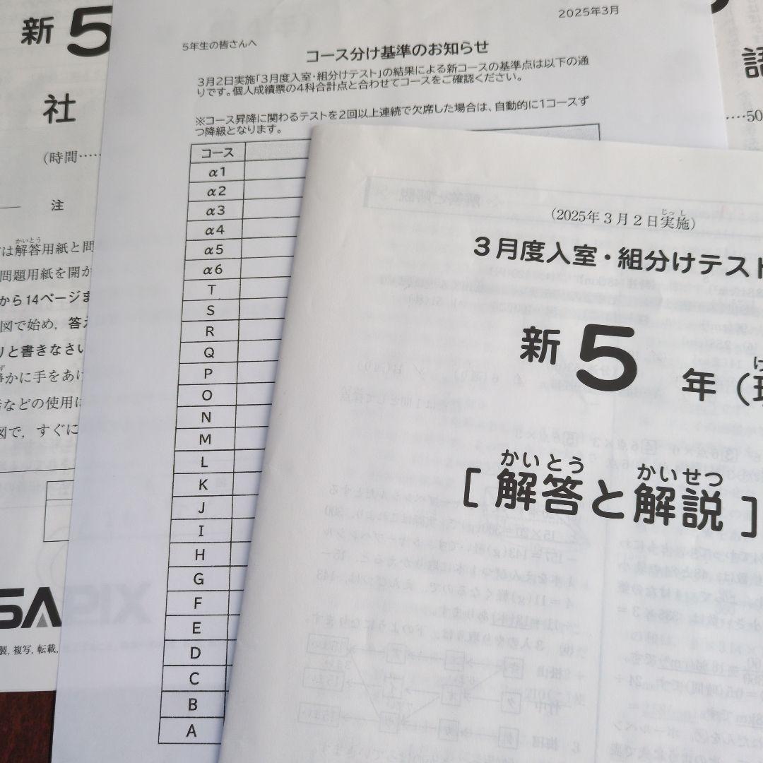 原本　サピックス新5年3月度入室・組分けテスト2025年　コース分け基準付き