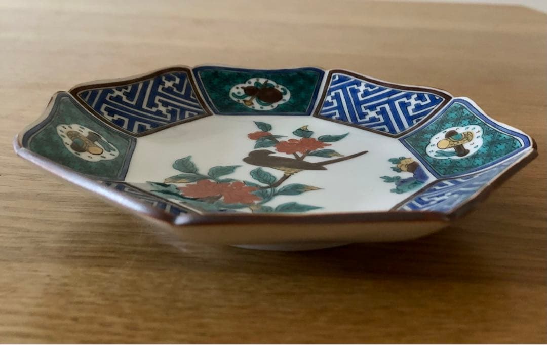 期日限定値下げ【新品・未使用】九谷焼 青郊窯 色絵花鳥 八角皿 15cm 5枚揃