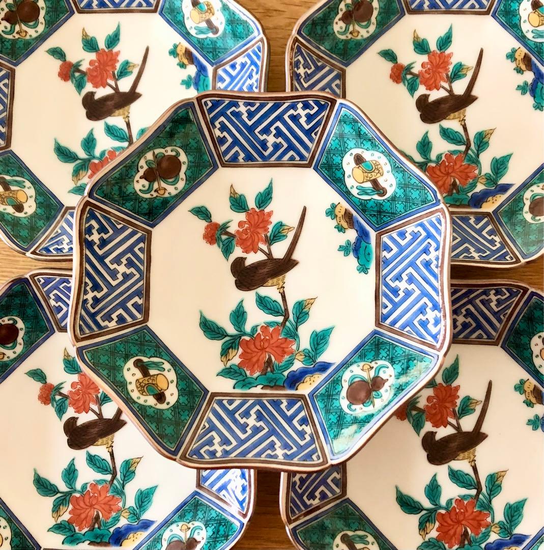 期日限定値下げ【新品・未使用】九谷焼 青郊窯 色絵花鳥 八角皿 15cm 5枚揃