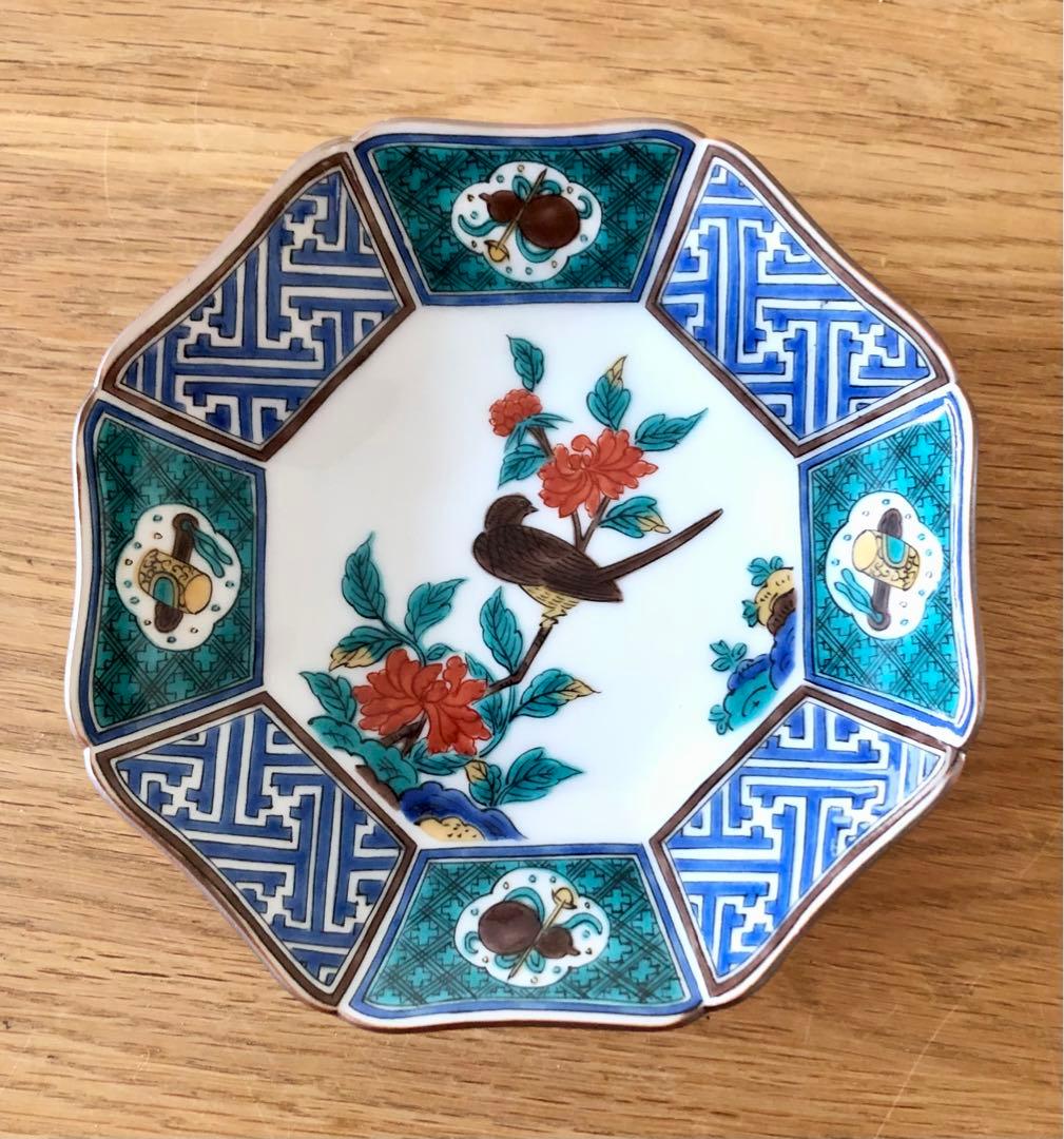 期日限定値下げ【新品・未使用】九谷焼 青郊窯 色絵花鳥 八角皿 15cm 5枚揃