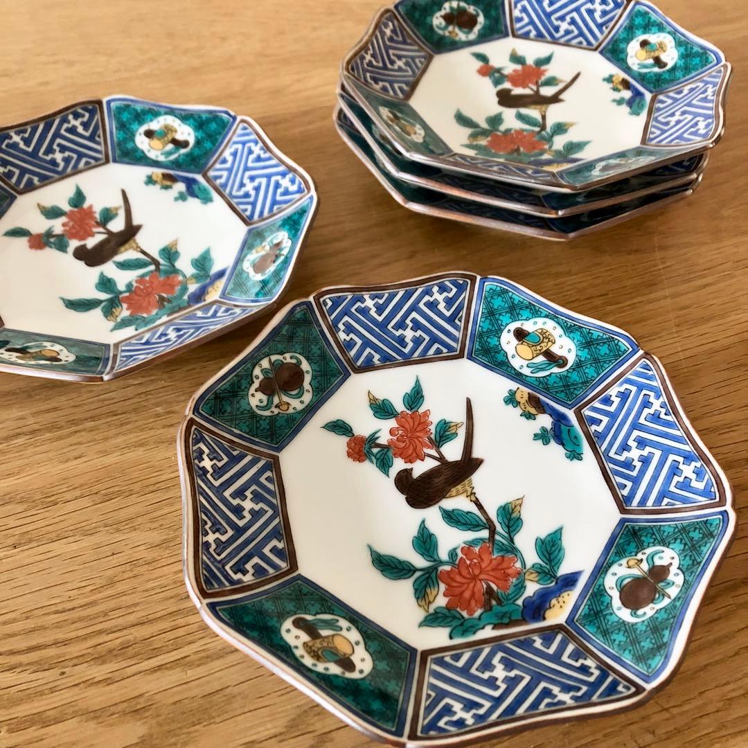 期日限定値下げ【新品・未使用】九谷焼 青郊窯 色絵花鳥 八角皿 15cm 5枚揃