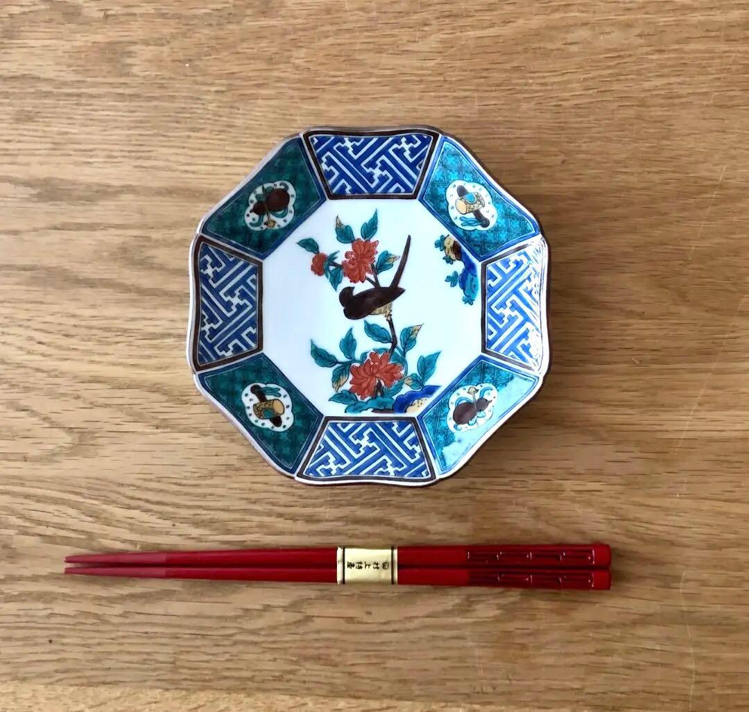 期日限定値下げ【新品・未使用】九谷焼 青郊窯 色絵花鳥 八角皿 15cm 5枚揃