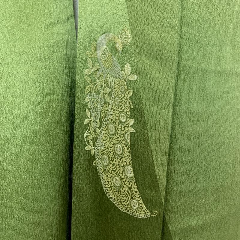 508z38〇山本寛斎 振袖 くすみ黄緑 孔雀 シンプル〇成人式 結婚式