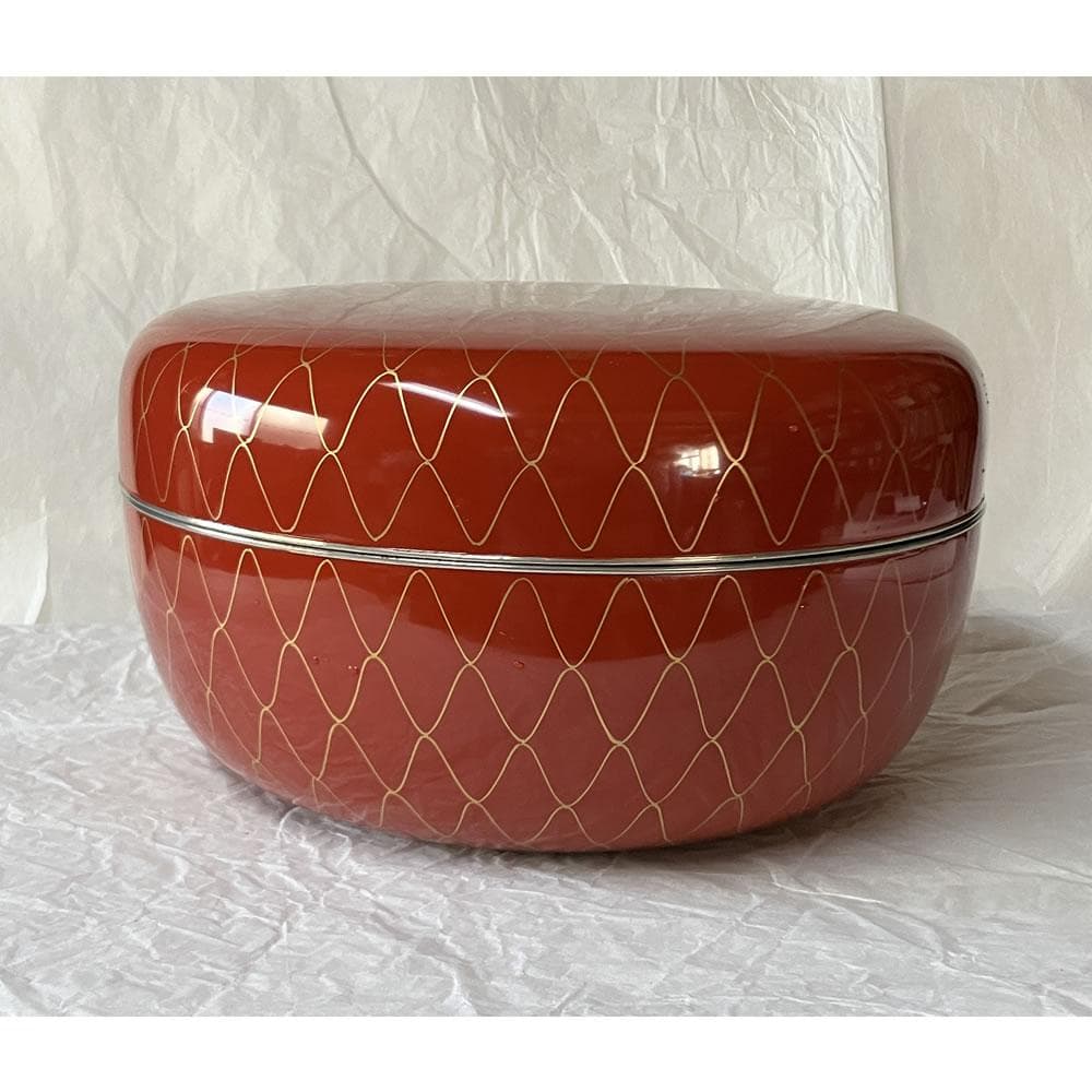 F1418 岡本陽斎 金網目蒔絵 朱喰篭 共箱 菓子器 蓋物 喰籠 食籠 茶道具