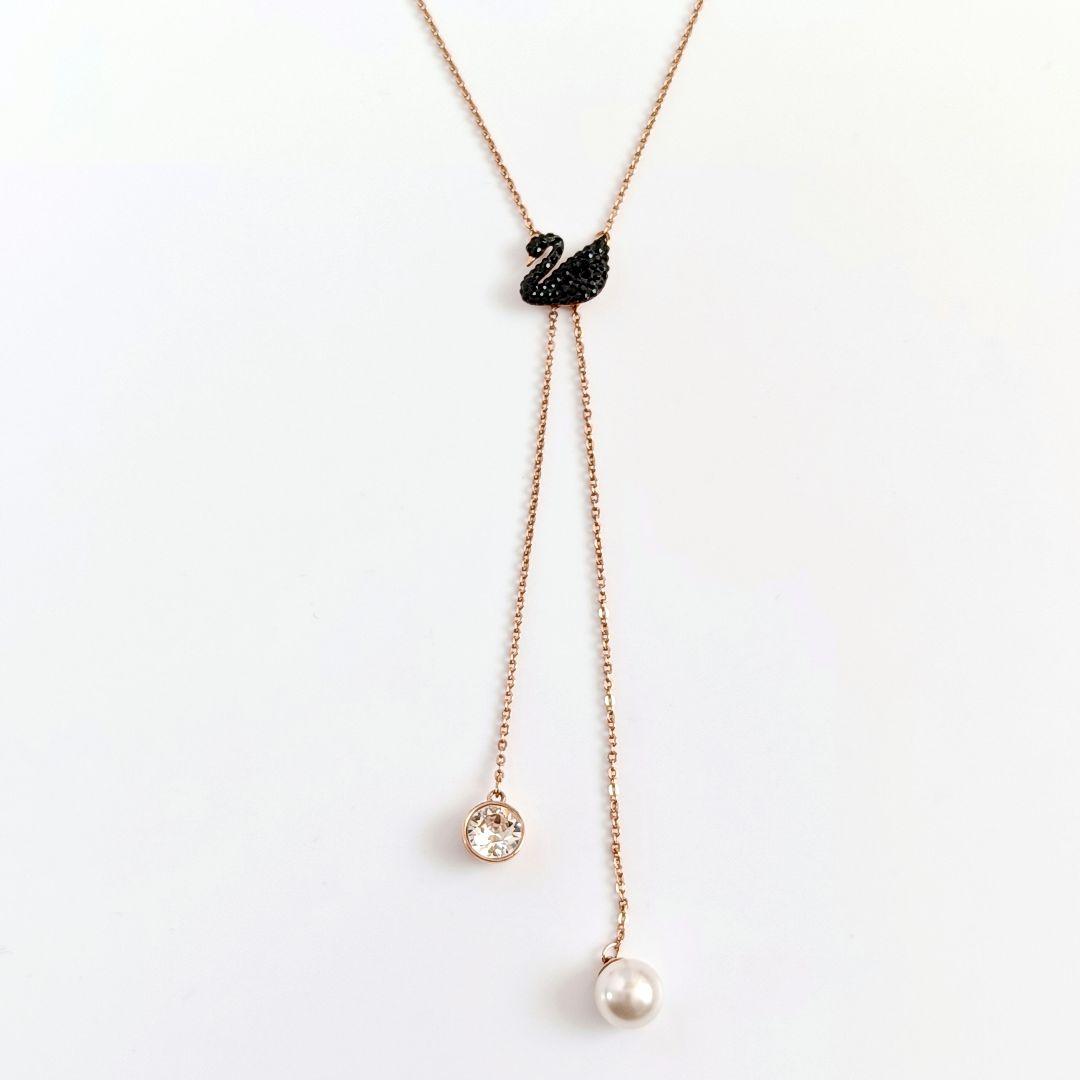 希少 スワロフスキー Y字 ネックレス スワン パール ゴールド 箱付き