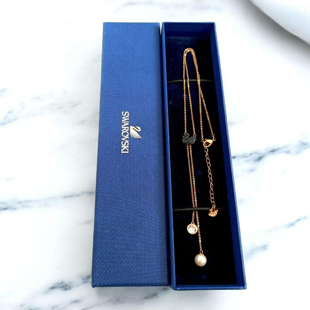 希少 スワロフスキー Y字 ネックレス スワン パール ゴールド 箱付き