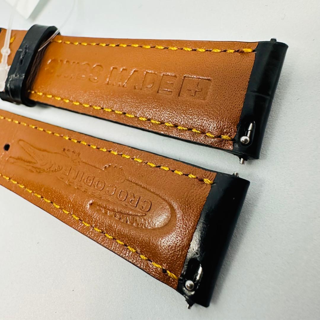 3053#20mm-18mmブラック★本物クロコダイルレザーベルト★スイス製