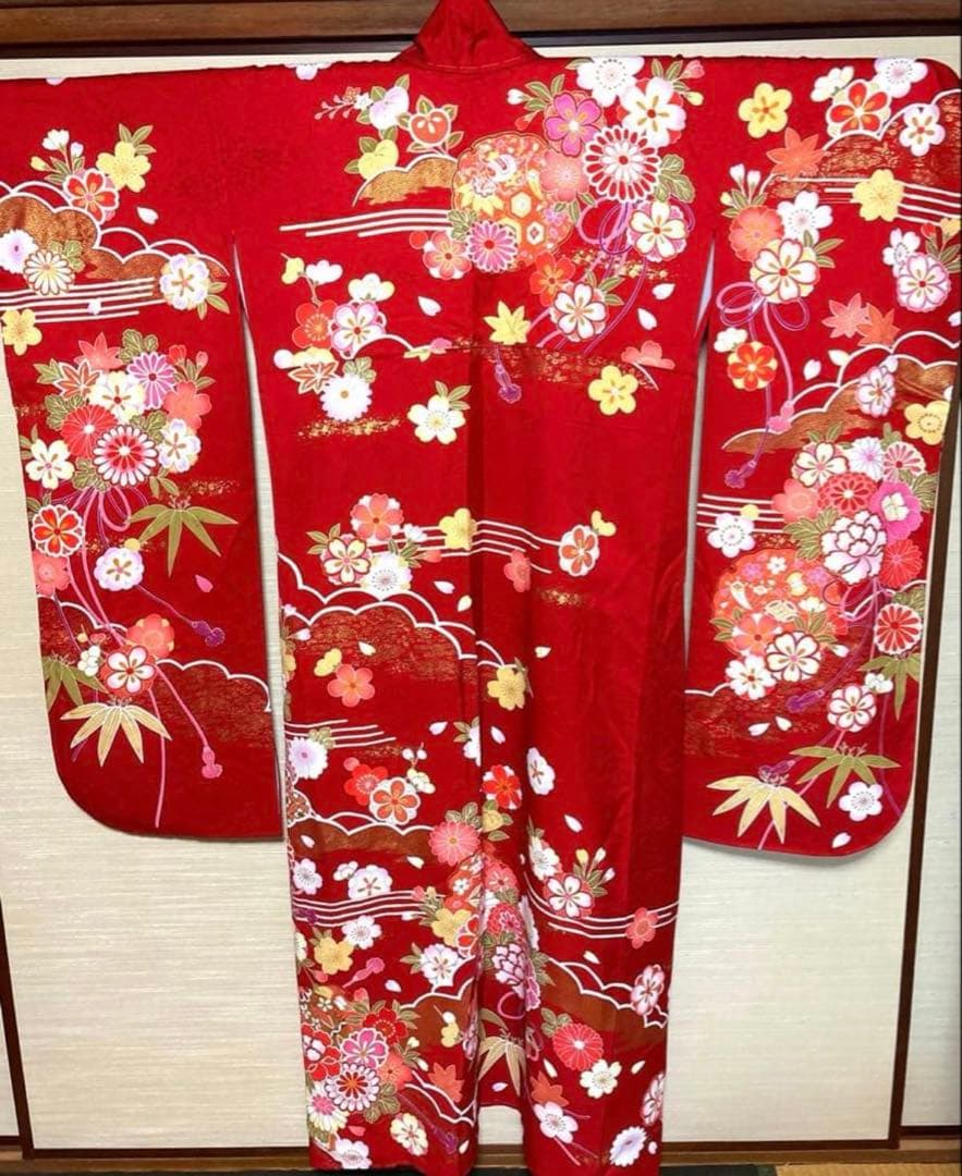 ミッキーマウス 赤 花々 橙 振袖 身丈156