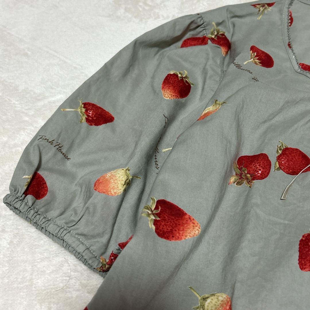 ピンクハウス 大人気の苺プリント ローンチュニック グレー いちご イチゴＰ38