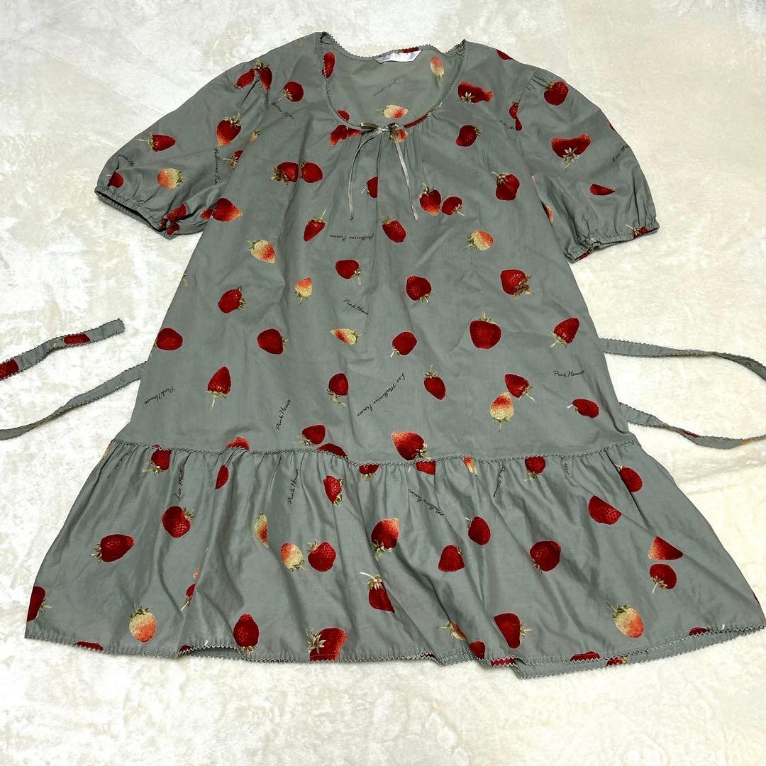 ピンクハウス 大人気の苺プリント ローンチュニック グレー いちご イチゴＰ38