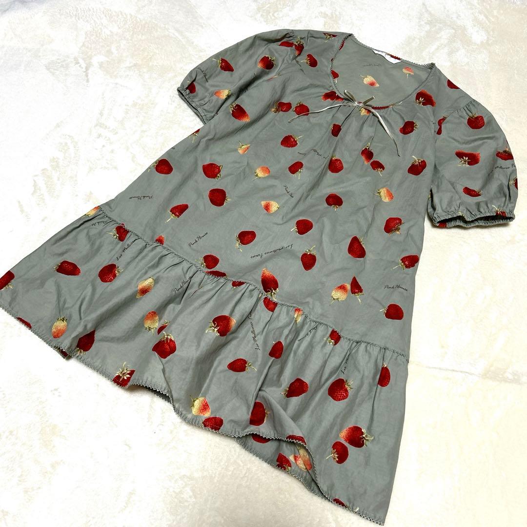 ピンクハウス 大人気の苺プリント ローンチュニック グレー いちご イチゴＰ38